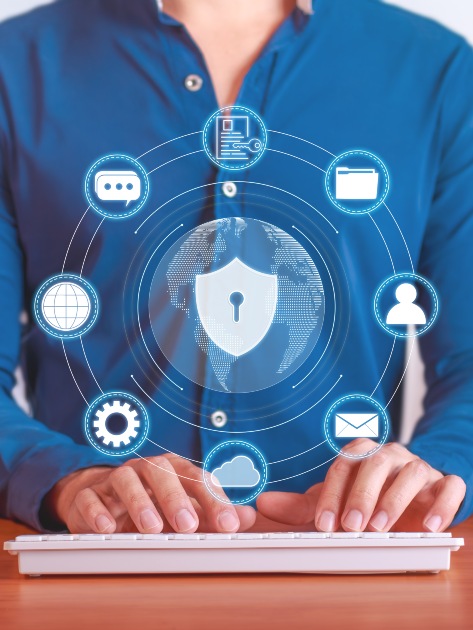keyboard and hands with information security illustration