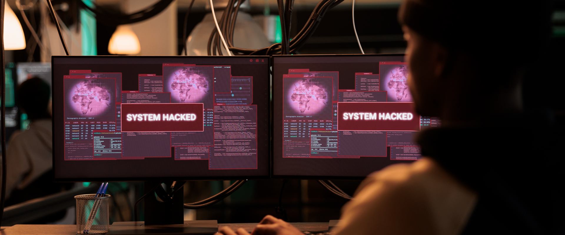 wallpaper on monitors showing a cyber attack